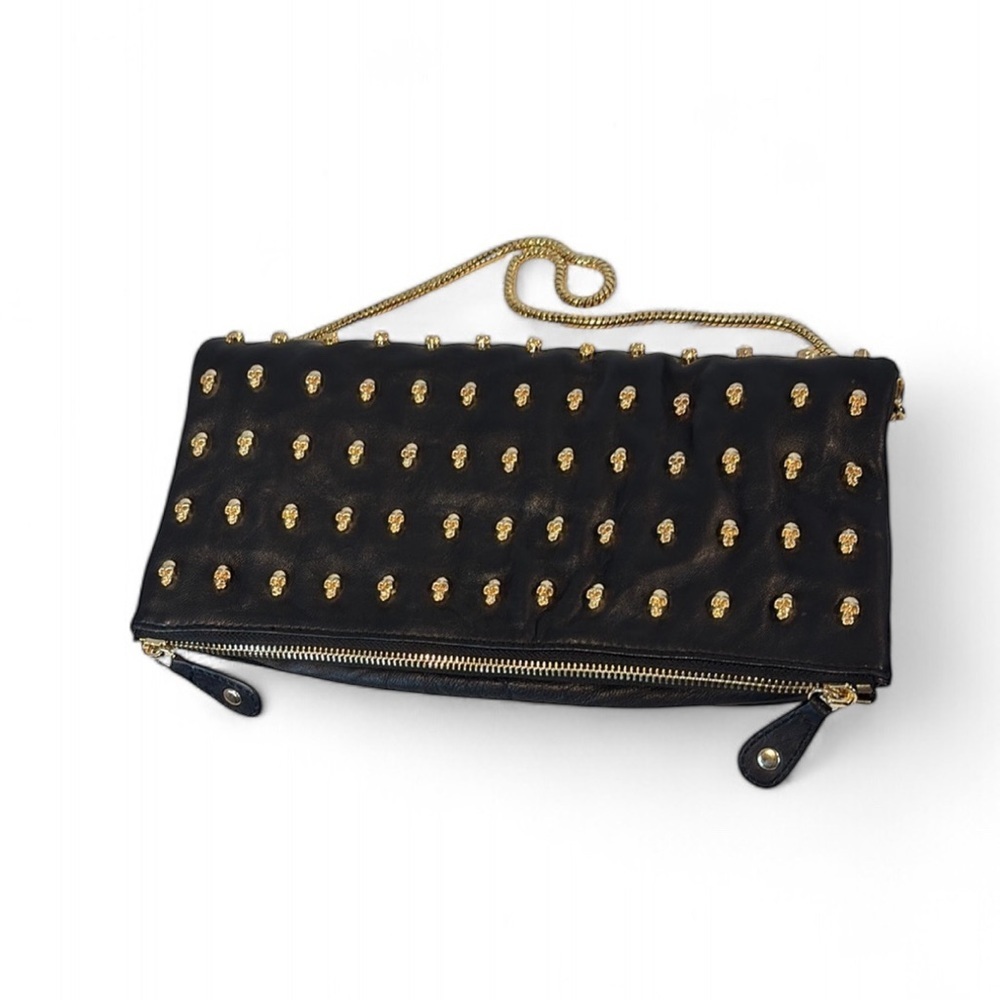 THOMAS WYLDE Black Leather Skull Studded Foldover Clutch Chain Shoulder Bag Rare